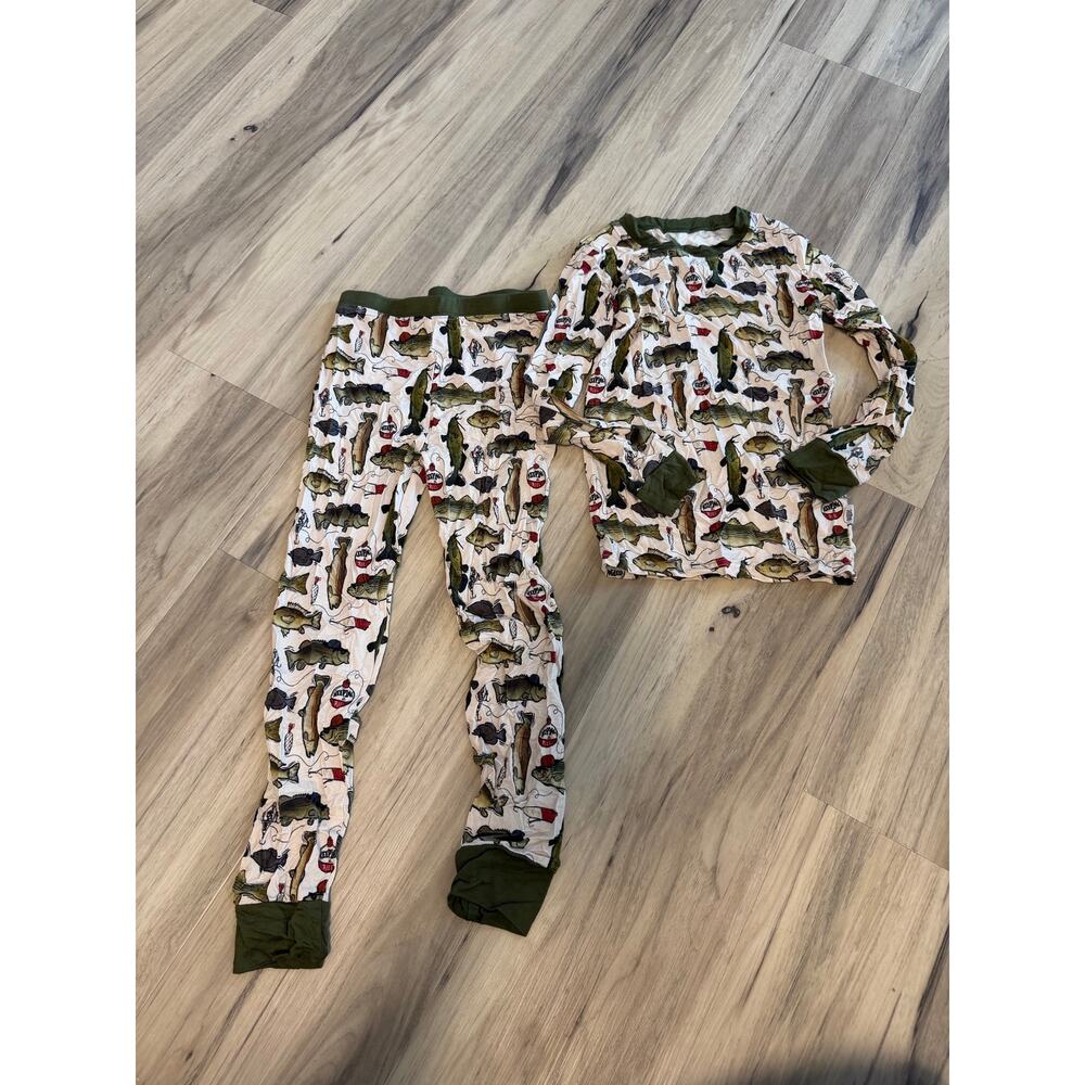 Fletch Size 4T Green Ivory Fishing Themed Bamboo Knit PJ Long Sleeve Set Boys